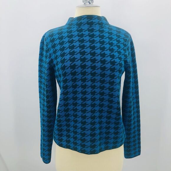 Ann Taylor Sweater Women’s Small Houndstooth Mock Neck Teal & Green Cotton Blend - Picture 1 of 11